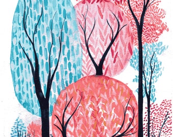 A forest of coral and turquoise - ORIGINAL watercolour painting of garden trees