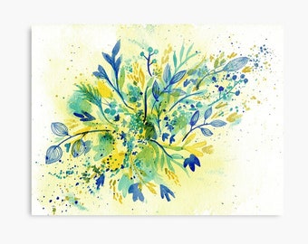 Turquoise and Gold Wildflowers - ORIGINAL watercolour painting on paper in turquoise, gold and blue by Kirsten Bailey