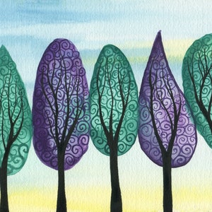 Jewelled Grove - ORIGINALE acquerello dipinto su carta di gioielli tono vorticoso alberi in verde e viola