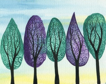 Jewelled Grove - ORIGINAL watercolour painting on paper of jewel toned swirly trees in green and purple