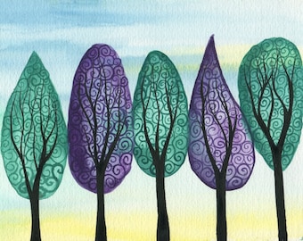 Jewelled Grove - ORIGINAL watercolour painting on paper of jewel toned swirly trees in green and purple