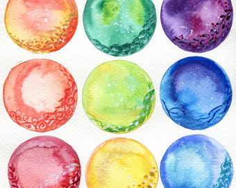 Little worlds - ORIGINAL abstract watercolour painting of colourful rainbow circles