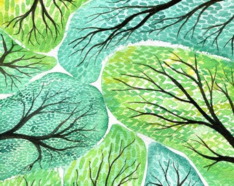 Canopy - ORIGINAL watercolour painting on paper of a forest of trees in vibrant green