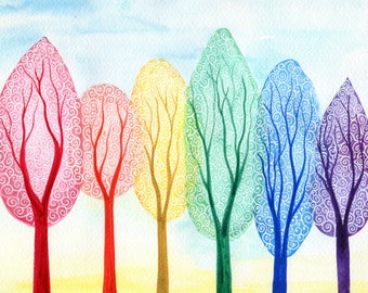 Prismatic Grove - ORIGINAL watercolour painting of rainbow swirly trees
