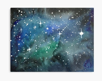Look up at the Stars 2 - ORIGINAL galaxy cosmic starry night painting on paper in green blue and black