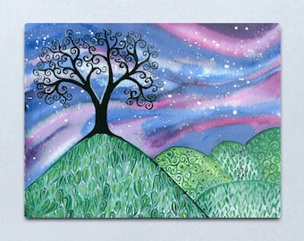 Lonely Night - ORIGINAL watercolour painting on paper of a swirly tree on bright green hills with a starry night sky