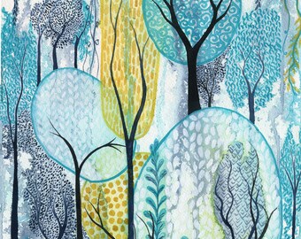 Cascading - LIMITED EDITION fine art print of a whimsical garden watercolour in gold turquoise and navy
