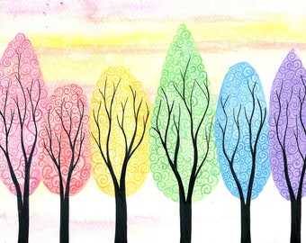 Rainbow in soft light - ORIGINAL watercolour painting on paper of pastel rainbow swirly trees by Kirsten Bailey