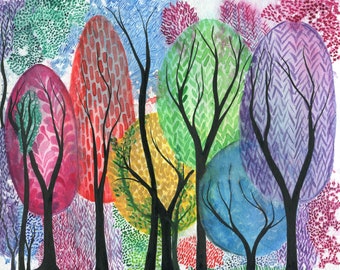 Riotous - Original watercolour painting of rainbow trees