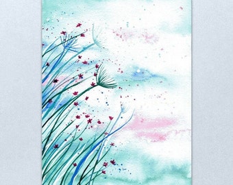 Bright Breeze - Whimsical blue, green and pink wildflowers painted in watercolour on watercolour paper