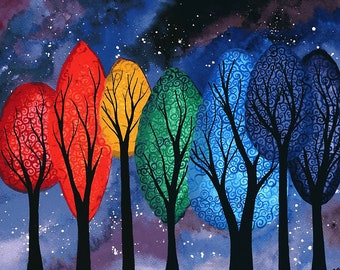 Night Colour - LIMITED EDITION signed and numbered print on fine art paper - rainbow swirly trees against a starry night sky