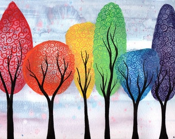 Colours of nature - LIMITED EDITION signed and numbered fine art print of rainbow watercolour swirly trees