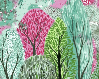 Forest flags - bright whimsical watercolor tree painting in pink and green