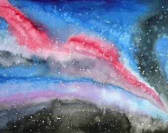 Across the universe - ORIGINAL Watercolour galaxy starry night painting in red, blue and black