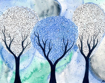 Silver White Winter - original watercolour tree painting by KL Bailey Art