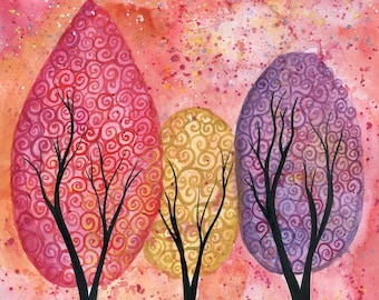 In the firelight - Original watercolour painting of magenta, gold and violet trees against a sunset fire embers sky