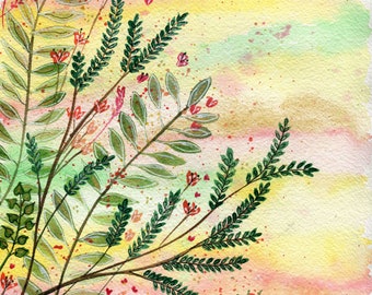 Reaching for the sun - ORIGINAL watercolour painting on paper of flowers and leaves against a yellow sky
