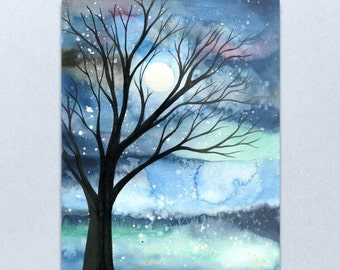 Bright Night - Original watercolour painting - Tree Silhouette with Starry Moonlit Night Sky