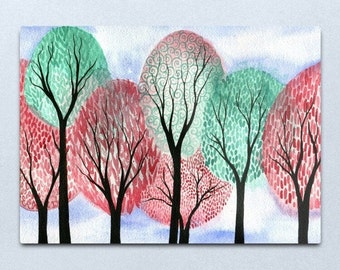 Autumn Tempus - ORIGINAL watercolour painting of whimsical autumn swirly trees