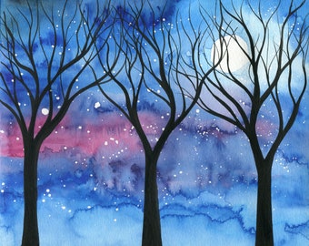 Moonlit trees 2 - original watercolour painting of trees silhouette on moonlit starry sky