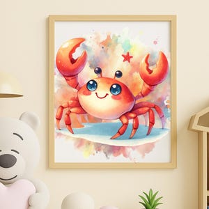 Grazioso granchio da parete stampabile, decorazione per cameretta dei bambini in stile spiaggia con acquerello, arte con animali dell&#39;oceano costiero, download immediato da 8x10 a 16x20, grazioso granchio stampabile