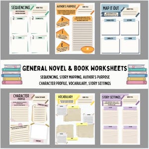 May include: A set of printable worksheets for students to use when reading a novel. The worksheets include activities for sequencing, story mapping, author's purpose, character profile, vocabulary, and story settings.