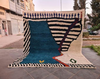 Handmade Blue Wool Moroccan Rug: Berber Area Rug, Custom Size Available