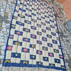 Blue Moroccan rug, handmade Moroccan Berber rug - personalized Beni Ourain rug blue living room, woolen tufted rug, blue bohemian decoration