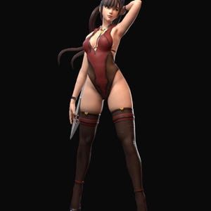 May include: A figurine of a woman in a red bodysuit with black accents, holding a silver blade. She wears thigh-high stockings and black heels. The figure is posed on a dark platform against a black background.