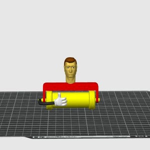 May include: A cartoon-style illustration of a yellow cylinder with red accents, a red top, and a human head. The cylinder has a black handle with a white-gloved hand giving a thumbs-up. The object is on a black grid.