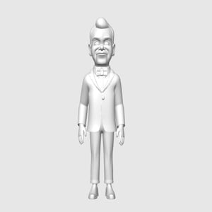 Op de afbeelding: Een 3D-geproduceerd, gebroken witte beeldje van een man in een smoking. De figuur heeft een pompadour-kapsel, een vlinderdas en een jasje met één knoop. De figuur staat rechtop met een lichte glimlach.