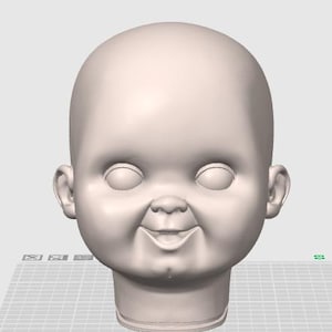 Könnte beinhalten: Ein glattes, helles, dreidimensionales digitales Modell eines Puppenkopfes mit kahlem Schädel, großen runden Augen, einer kleinen Stupsnase und einem breiten, offenen Mund mit sichtbaren Zähnen, dargestellt auf einer digitalen Rasteroberfläche.