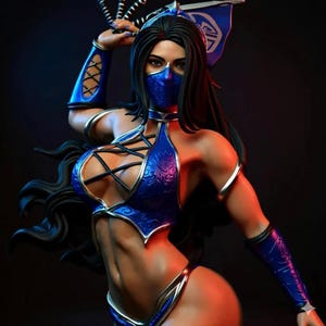 Puede incluir: Estatua detallada de una guerrera con un atuendo azul y plateado, sosteniendo un conjunto de cuchillas. La figura tiene cabello negro largo, una máscara facial y detalles intrincados en la armadura. El fondo es oscuro con iluminación roja y azul.