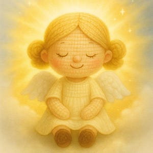 Könnte beinhalten: Eine Illustration einer gehäkelten Engels-Puppe mit geschlossenen Augen, die ein gelbes Kleid und kleine weiße Flügel trägt. Die Puppe hat gelbes Haar in zwei Duttfrisuren und braune Schuhe. Der Hintergrund zeigt ein hellgelbes Licht und weiche Wolken.