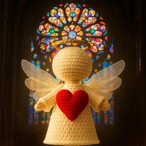 Könnte beinhalten: Eine gehäkelte Engelsfigur mit rotem Herz, goldenem Heiligenschein und durchsichtigen Flügeln. Der Engel ist cremefarben und steht vor einem Buntglasfenster mit leuchtenden Farben. Das Thema ist religiös und dekorativ.