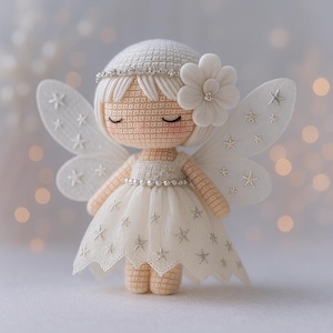 Puede incluir: Muñeca de ganchillo hecha a mano con forma de ángel. La muñeca tiene un vestido blanco con detalles de estrellas plateadas, alas blancas y una flor blanca en el pelo. Una diadema plateada adorna la cabeza de la muñeca. La muñeca es de color beige claro.