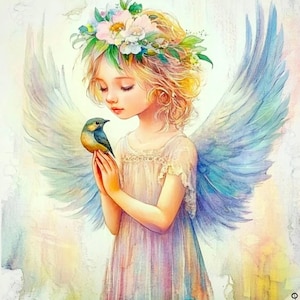 Divine Connection - Winged Harmony | Angel & Bird Art | Watercolor Digital Download