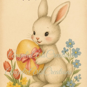 Vintage Easter Bunny Card – Printable Easter Wall Art – Pastel Spring Rabbit Illustration – Happy Easter Digital Download