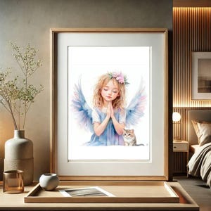 Ethereal Angel Praying for Cats – Spiritual Watercolor Digital Art