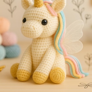 May include: A cream-coloured crocheted unicorn doll with a yellow horn and hooves, and a rainbow mane and tail. The unicorn has black eyes and sheer wings. The doll is sitting on a light-coloured wooden surface.