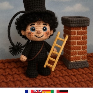 May include: A handcrafted crochet chimney sweep figure, wearing a black top hat and holding a yellow ladder. The doll has a smiling face, black hair, and is dressed in black. A brick chimney is in the background. The doll is on a brown surface.
