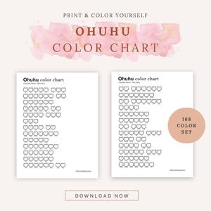 May include: Two white sheets with colour charts, labelled "OHUHU COLOR CHART", featuring rows of cat-shaped outlines for colouring. The text "PRINT & COLOUR YOURSELF" is at the top. A circular sticker reads "168 COLOUR SET".