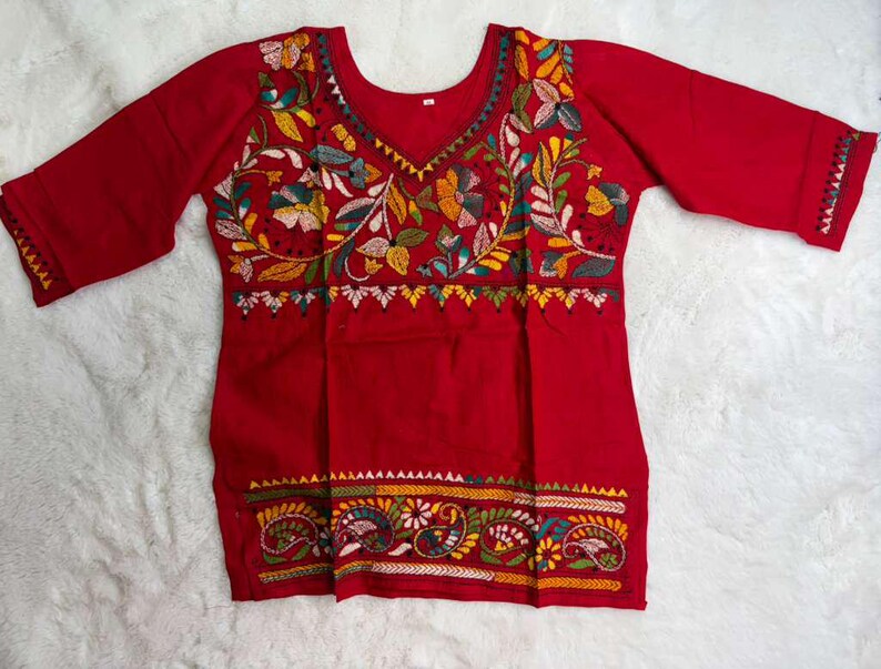 Hand Embroidered Kantha Stitch Cotton short Kurti Size 40-46 image 11