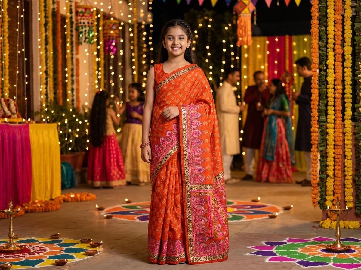 Girl Aarong handmade printed cotton soft saree and blouse size 26 ( 3-6years)
