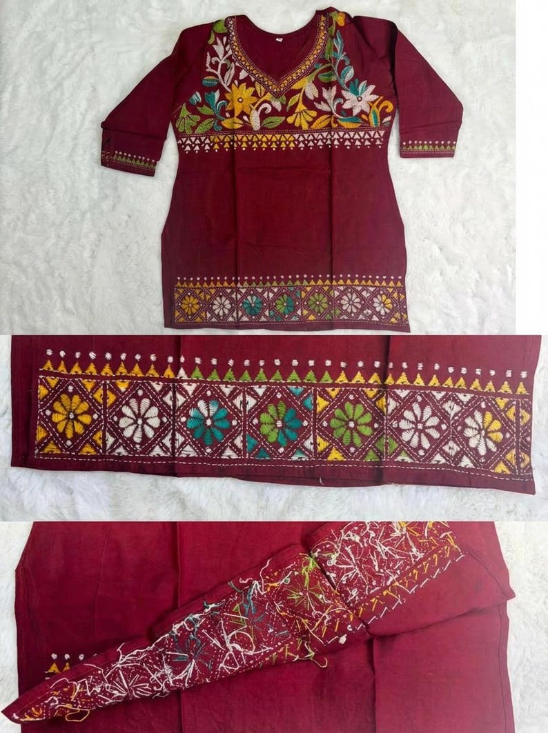 Hand Embroidered Kantha Stitch Cotton short Kurti Size 40-46 image 14