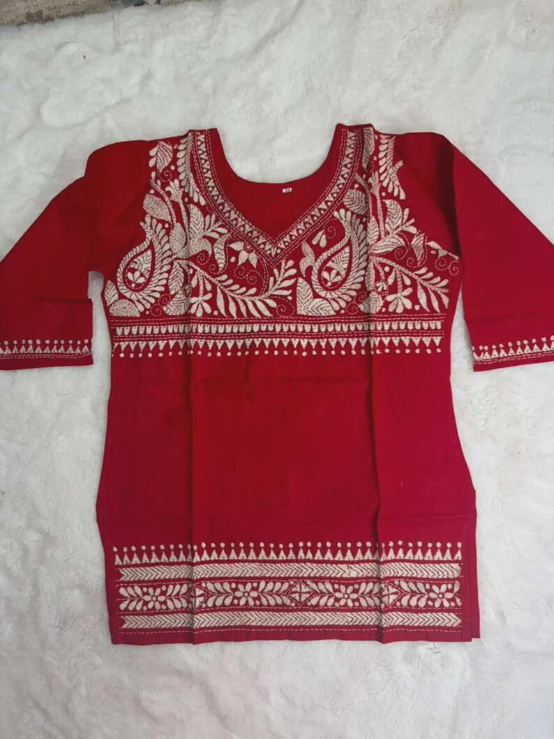 Hand Embroidered Kantha Stitch Cotton short Kurti Size 40-46 image 8