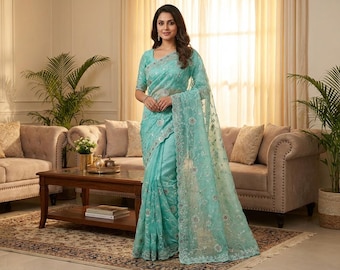 Organza Digital Print Embroidered Saree with Unstitched Blouse Piece – Elegant Floral Work