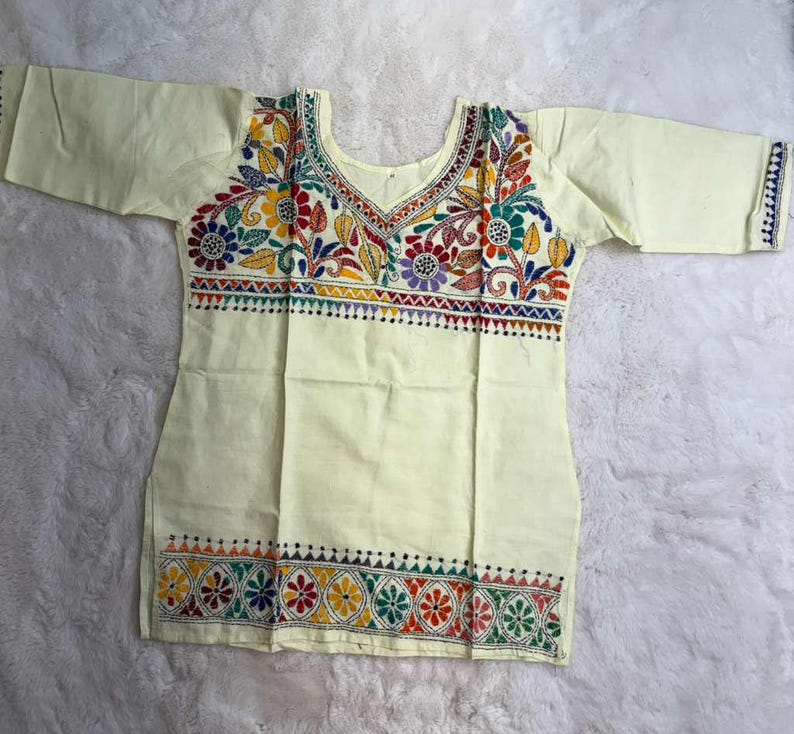 Hand Embroidered Kantha Stitch Cotton short Kurti Size 40-46 image 9