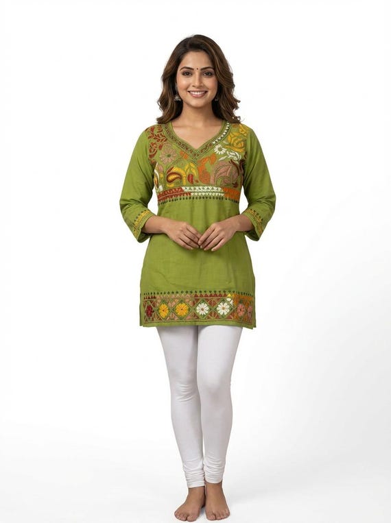 Hand Embroidered Kantha Stitch Cotton short Kurti Size 40-46