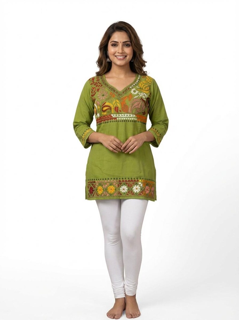Hand Embroidered Kantha Stitch Cotton short Kurti Size 40-46 image 1